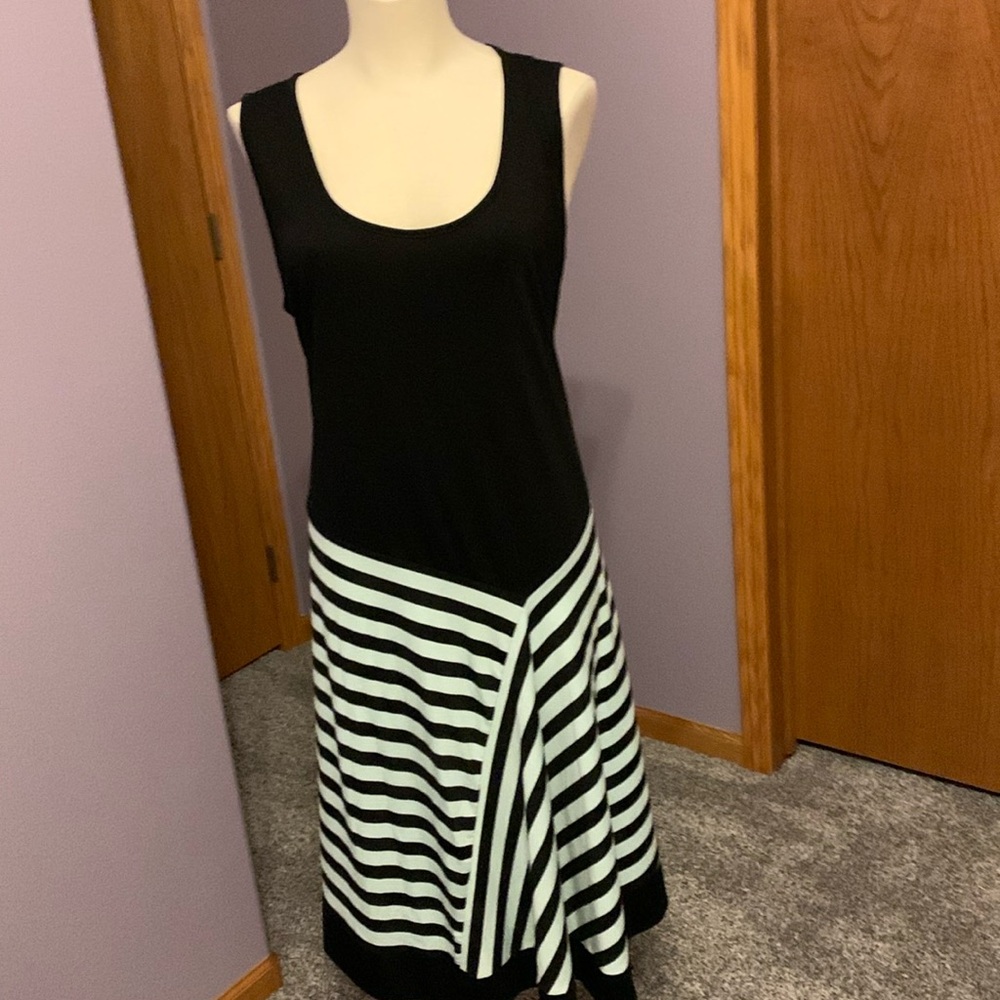 Allison Brittney midi Sleeveless Dress, size 2X, black and teal stripe